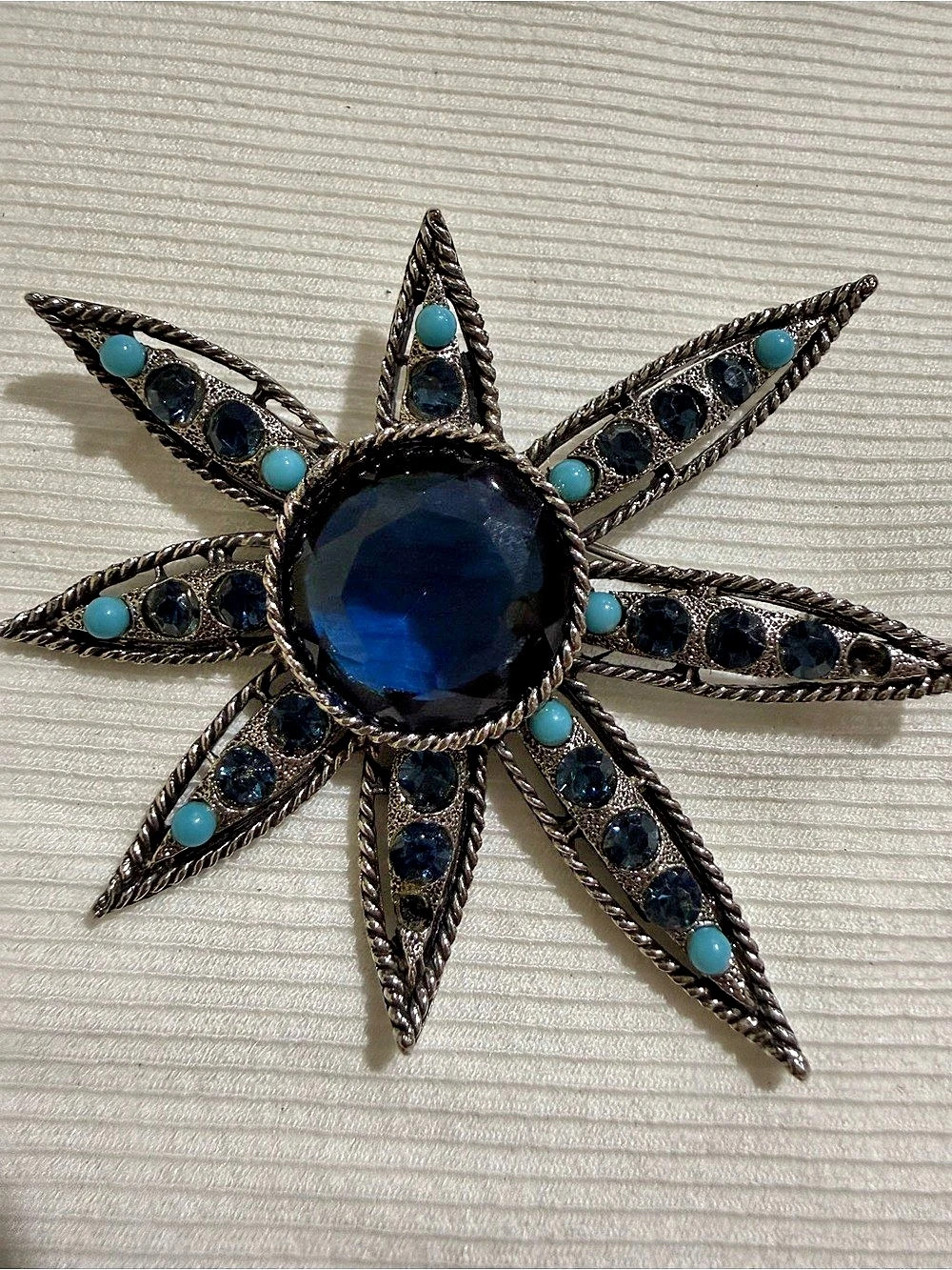 Stamped BSK Starburst Statement Brooch in Blue & Silver